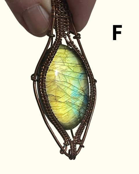Hand Crafted Copper Wrapped Labradorite Flash Pendants on Black Cord