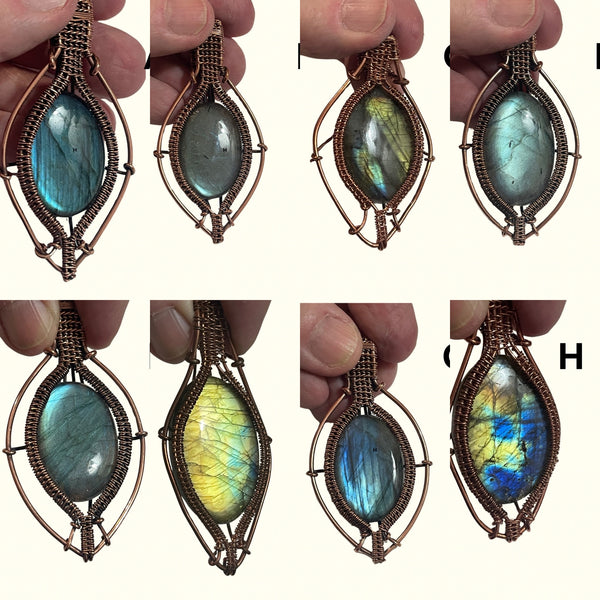 Hand Crafted Copper Wrapped Labradorite Flash Pendants on Black Cord