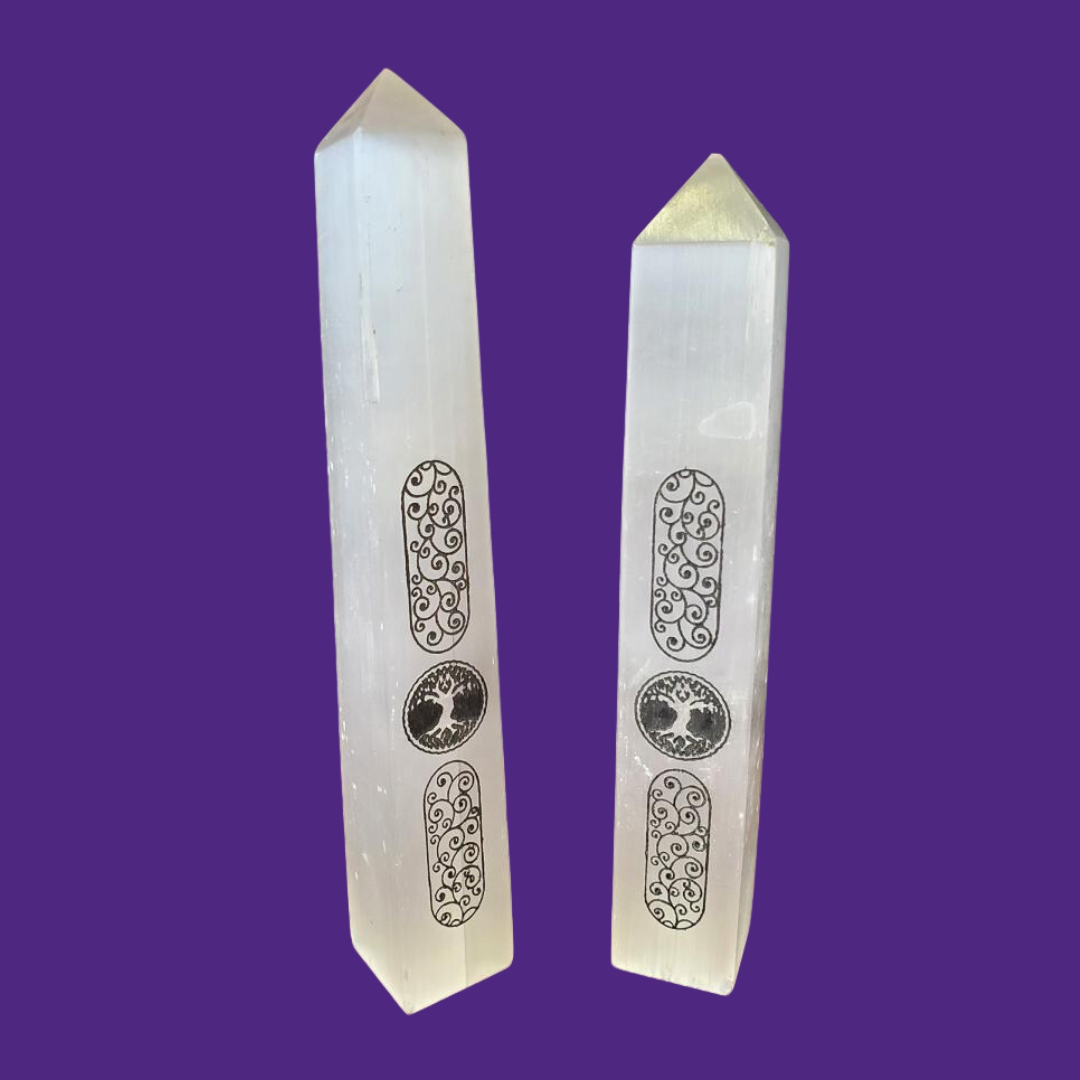 Selenite Obelisk Tower 6-7" Tree of Life or Moon Phases