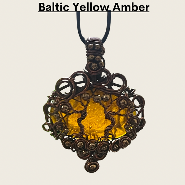 Copper Wrapped Baltic Amber Yellow & Blue Pendants