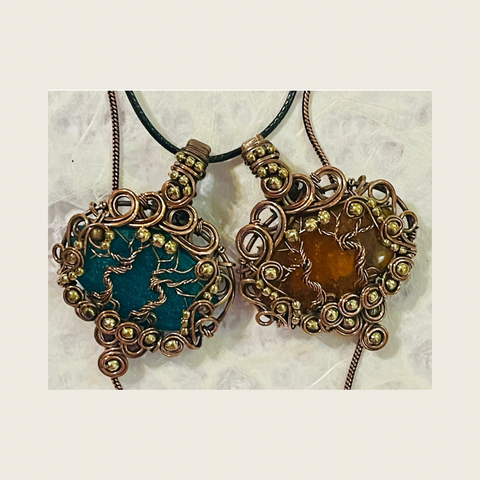 Copper Wrapped Baltic Amber Yellow & Blue Pendants