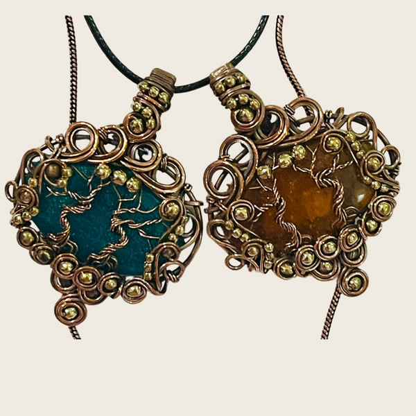 Copper Wrapped Baltic Amber Yellow & Blue Pendants