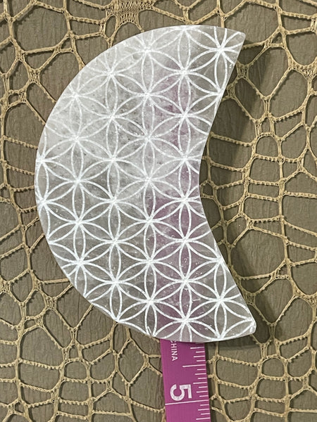Selenite Flower of Life Crescent Moon Crystal Grid Charging Plate