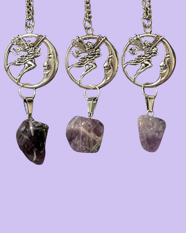 Fairy, Crescent Moon, & Amethyst Pendant