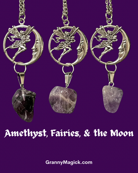 Fairy, Crescent Moon, & Amethyst Pendant