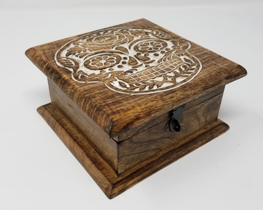 Skull Carved Wooden 6x6” Box