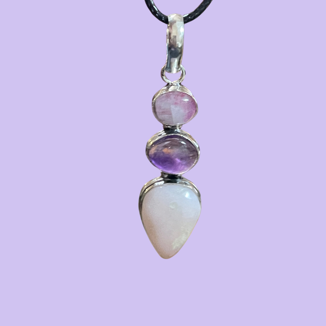 Rainbow Moonstone, Pink Peruvian Opal, Amethyst Pendant