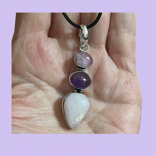 Rainbow Moonstone, Pink Peruvian Opal, Amethyst Pendant