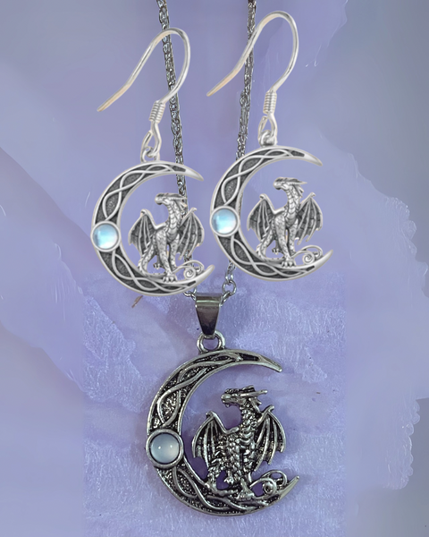 Dragon on a Celtic Moon Earrings & Pendant