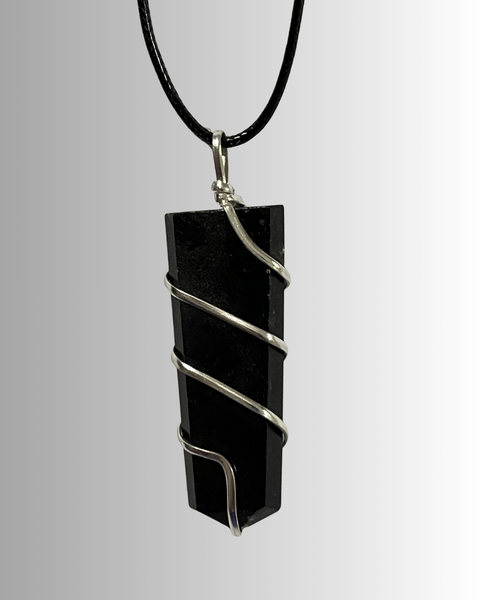 Black Tourmaline Flat Steel Wrapped Pendant