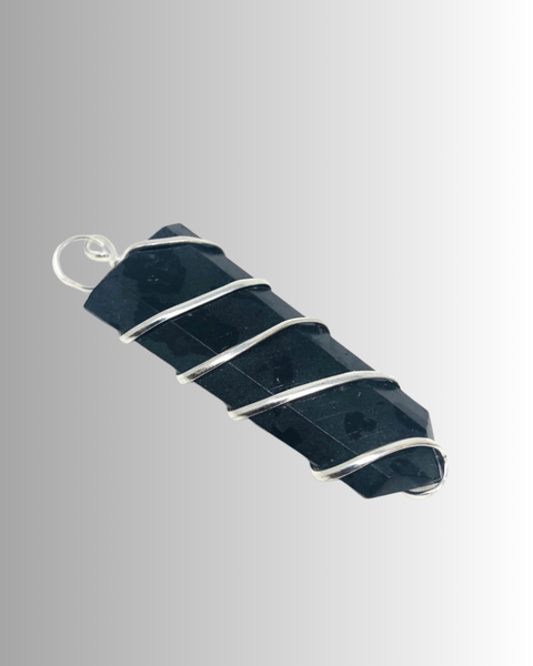 Black Tourmaline Flat Steel Wrapped Pendant