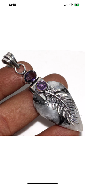 Moonstone Amethyst Feather Pendant #369