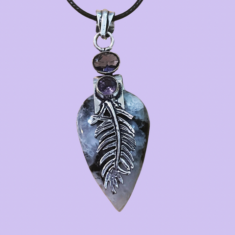 Moonstone Amethyst Feather Pendant #369