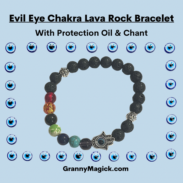 Lava Bead Evil Eye Chakra Bracelet Protection Oil & Chant