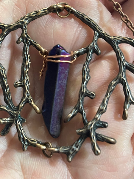 Copper Color Branches with Purple Aura Quartz Pendant