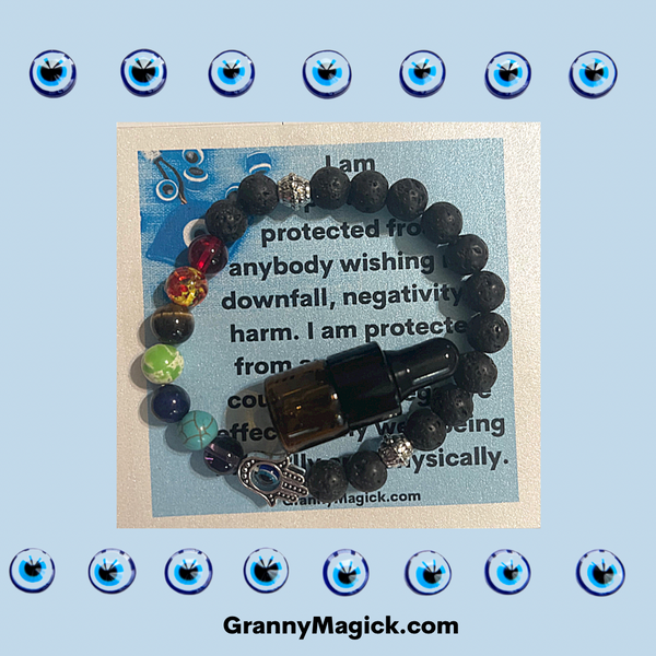 Lava Bead Evil Eye Chakra Bracelet Protection Oil & Chant