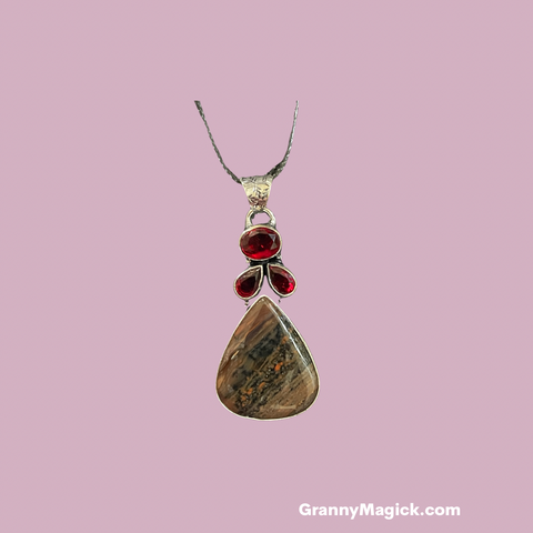 Honey Dendritic Agate with Garnets Pendant #162