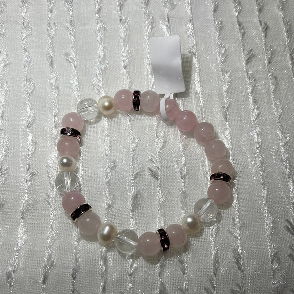 Rose Quartz and Crystal and Pearls 8mm Round Bracelet