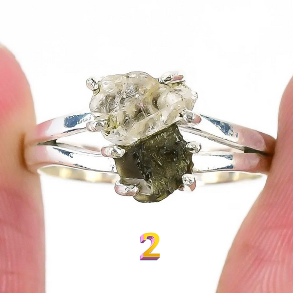 Moldavite Herkimer Diamond Rings #169