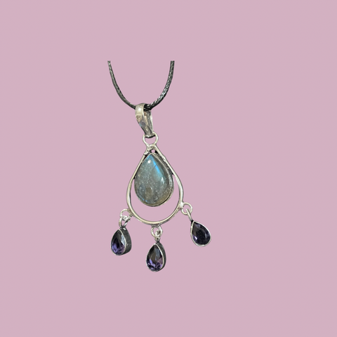 Fiery Labradorite Amethyst Drop Pendant #132