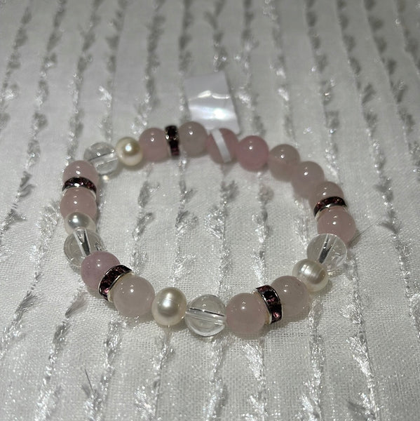 Rose Quartz and Crystal and Pearls 8mm Round Bracelet