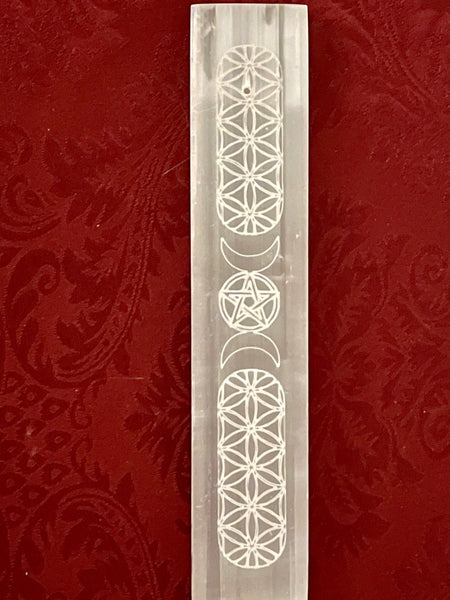 Selenite Crystal Incense Burner with Moon Phases 8”