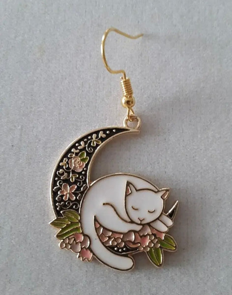 Cat on the Moon Enamel Earrings