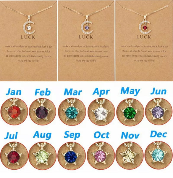 Birthstone Month Moon & Star Crystal Necklace