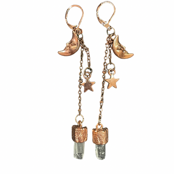 Copper Crescent Moon Star Crystal Earrings