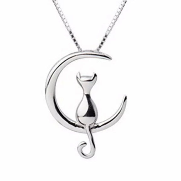 Silver Cat On A Silver Crescent Moon Necklace