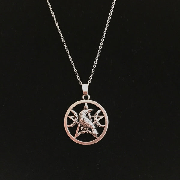 Raven Pentagram Crescent Moons Necklace