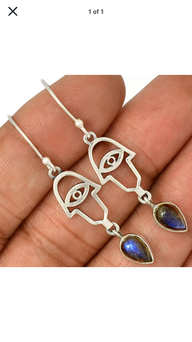 Labradorite Hamsa Hand Solid Silver Earrings 102096