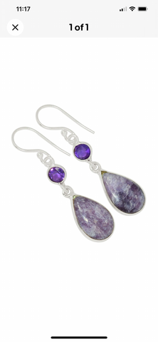 Lepidolite Amethyst Teardrop 925 Silver Earrings #202