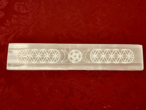 Selenite Crystal Incense Burner with Moon Phases 8”
